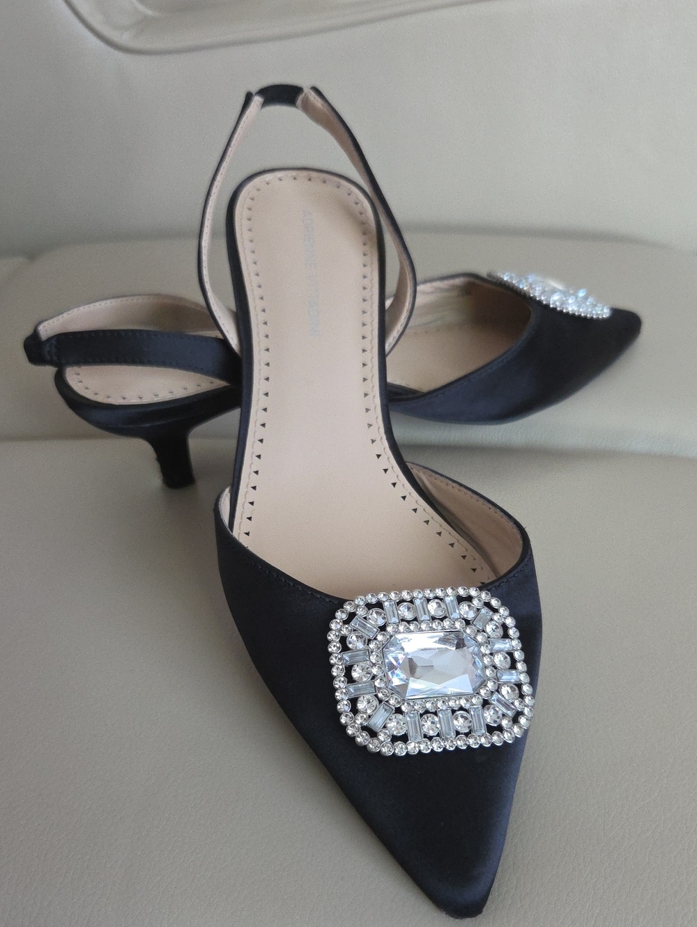 Adrienne Vittadini Black Pointed Slingback Heels with Crystal Embellishment
